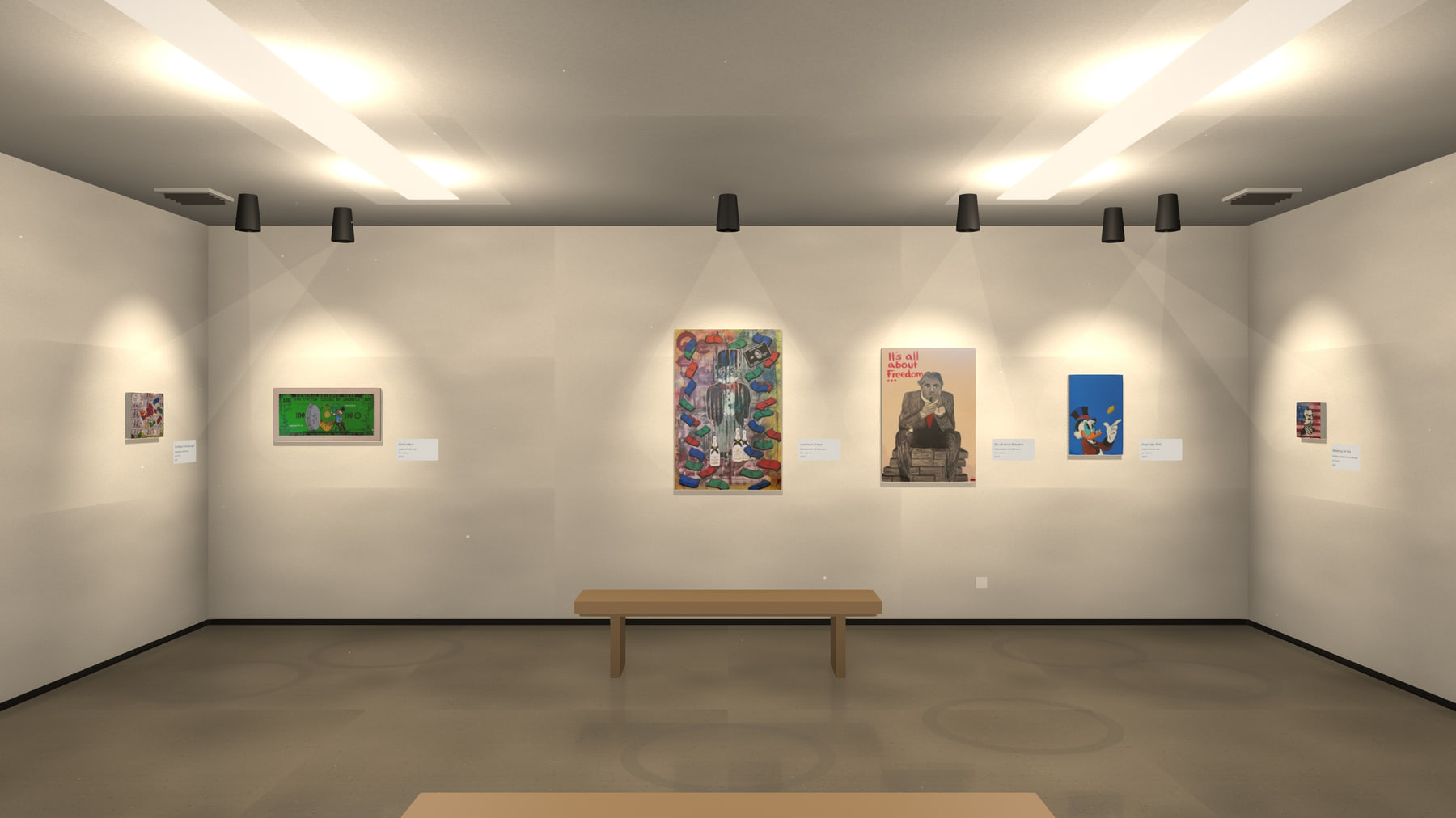 Blick in den Ausstellungsraum: die Werke an den Wänden, eine Bank in der Mitte